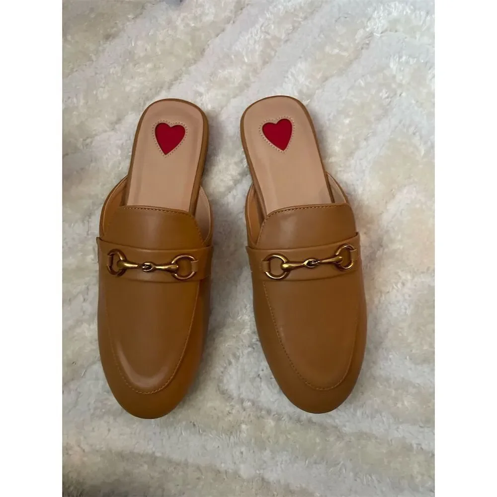 Women's Brown Leather Slip-On Mules Size 7.5 w/ Buckle & Heart Accent - Picture 3 of 8